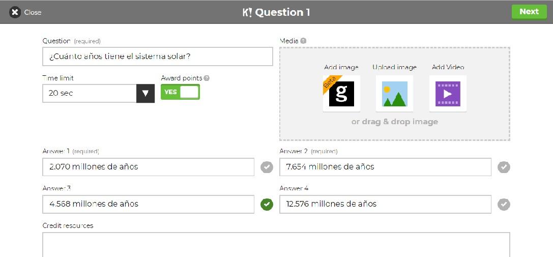 Pantalla para crear preguntas.