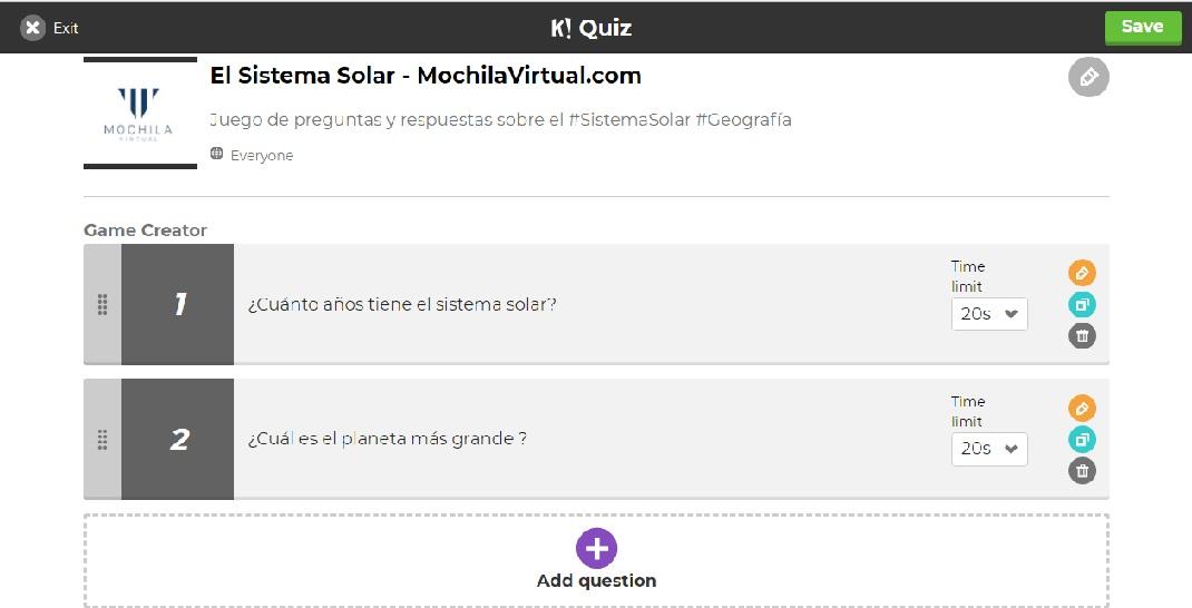 Pantalla para guardar nuestras preguntas.