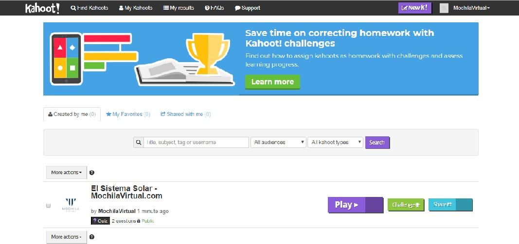 Pantalla para ver mis kahoots realizados.