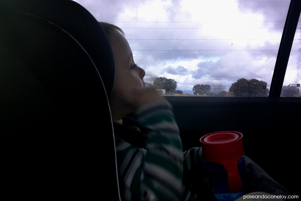Niño pequeño sentado en una silla de coche acontramarcha