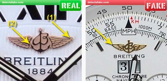 comparación del logotipo de un reloj breitling auténtico y una copia