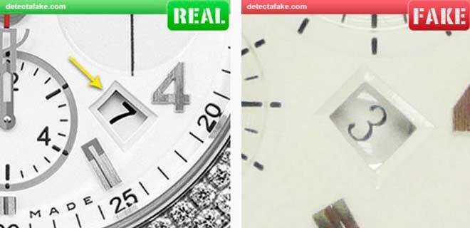Diferencias entre la ventana de fecha del dial de un Hublot original y una imitación 