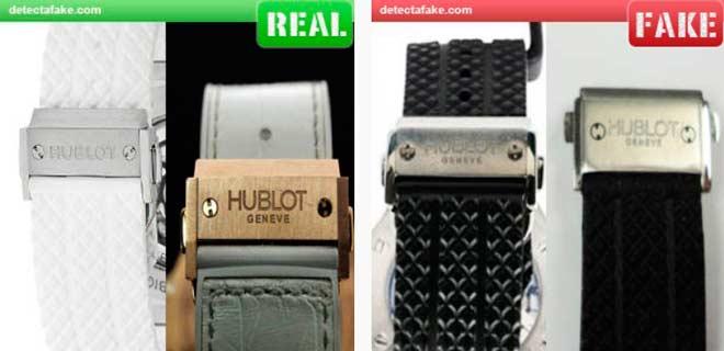 comparación de la correa y cierre de un reloj genuino Hublot y uno falso