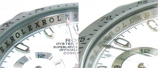 diferencias comparación inscripcion del dial de un rolex auténtico y una imitación