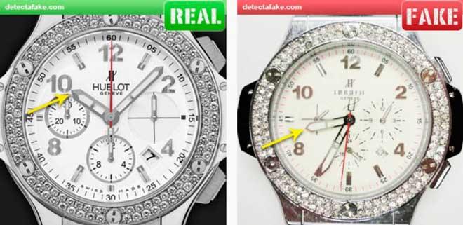comparación de las agujas de un reloj auténtico hublot y una imitación