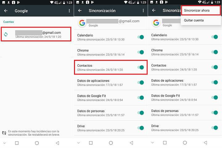 Restaurar contactos del teléfono en Android desde copia de seguridad desde SIM o desde Gmail