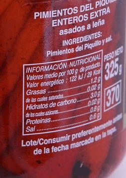 Información nutricional y listado de ingredientes