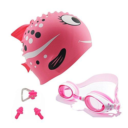 AmeiTech Kids Swim Cap, Cute Design - Gorros de natación de silicona divertidos para niños - Gafas de natación con clip para nariz y tapones para los oídos para niños y niñas - Rosado