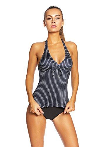 Bañador tankini de dos piezas para mujer - efecto estilizador de figura con push up , mujer niña, Tankini Black / White Needle Stripes A (1003), 12