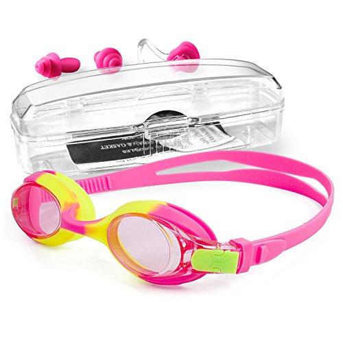 Niños gafas de natación con clip de nariz y tapones para los oídos, estuche de protección, sin protección contra los rayos UV antiparásitos de natación con correa ajustable (rosado)