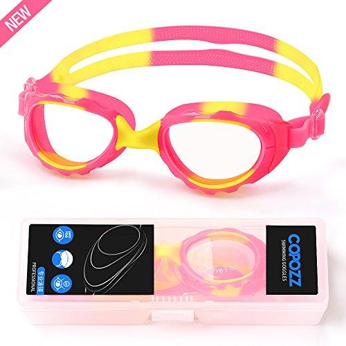 Gafas de natación para niños COPOZZZ; gafas de natación para niños y niñas – edad 3 4 5 6 7 8 9 10 11 12 años – protección UV antiniebla sin fugas – espejo/lente transparente – con funda de protección FREE, #2-Pink
