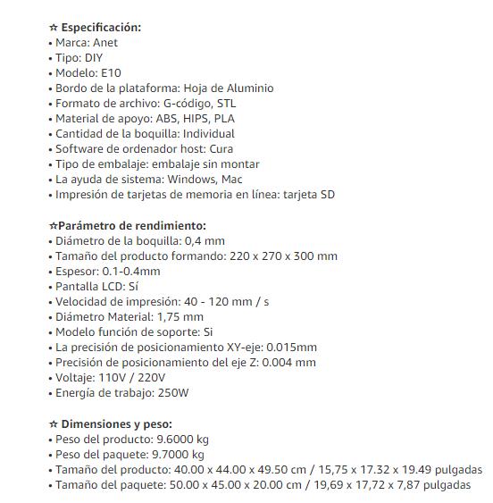 Espeficicaciones Anet-E10