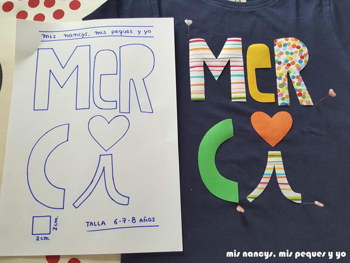 mis nancys, mis peques y yo, tutorial aplique en camiseta merci, colocar letras en alfileres