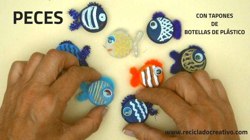 Manualidades con niños - peces con tapones de botellas de plástico