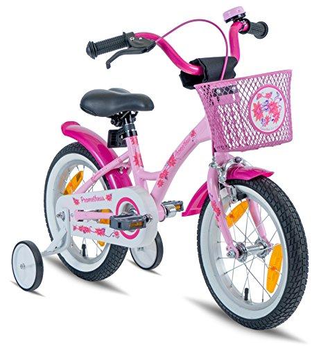 PROMETHEUS Bicicleta para niña | 14 pulgadas | Color rosa y blanco | Con ruedas de apoyo | Aluminio Frenos de tiro lateral y freno de contrapedal | Paquete de seguridad incluido | A partir de 4 años | 14" Classic Edition 2018