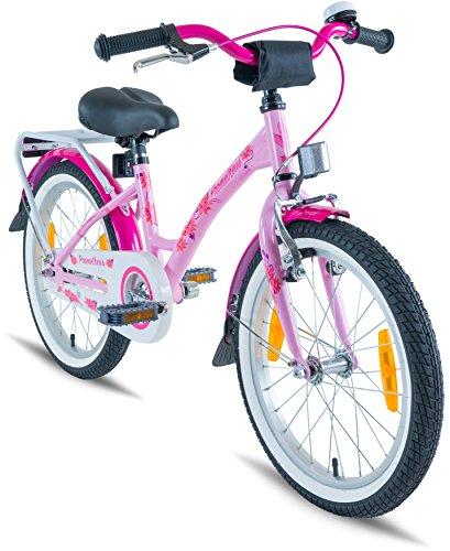 PROMETHEUS Bicicleta para niña | 18 pulgadas | Color rosa lila y blanco | Con portaequipajes y pata de cabra | V-Brake y freno de contrapedal | Paquete de seguridad incluido | A partir de 6 años | 18" Classic Edition 2018