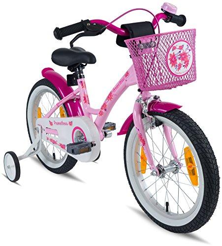 PROMETHEUS Bicicleta para niña | 16 pulgadas | Color rosa y blanco | Con ruedas de apoyo | Aluminio Frenos de tiro lateral y freno de contrapedal | Paquete de seguridad incluido | A partir de 5 años | 16" Classic Edition 2018