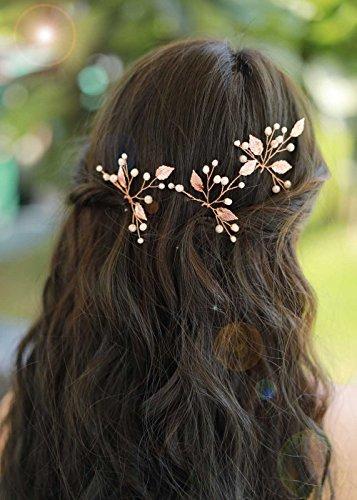 Missgrace Bridal Crystal Leaf Rose Gold Hair Pins Women Crystal Headpiece Wedding Rose Gold Leaf Hair Pins Clip Hair Jewelry Wedding Hair Accessories for Festival and Party Set of 3