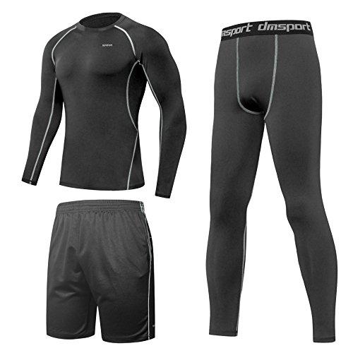 SPARIN Ropa Deportiva Para Hombre Trinidad [La Camiseta con Mangas Largas + Pantalón Corto + Leggings] Piel Fresca Seca Rápido Para Running, Entrenamiento, Esquí, Footing, Yoga, Ciclismo [Talla: M]