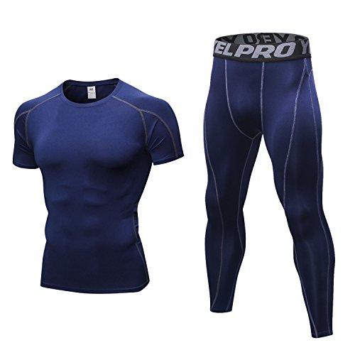Niksa 2 Piezas Conjunto de Ropa Deportiva para Hombre Camiseta de Compresión Manga Corta y Mallas Largas para Correr Fitness Entrenamiento Yoga Azul Marino 1053+1060(S)