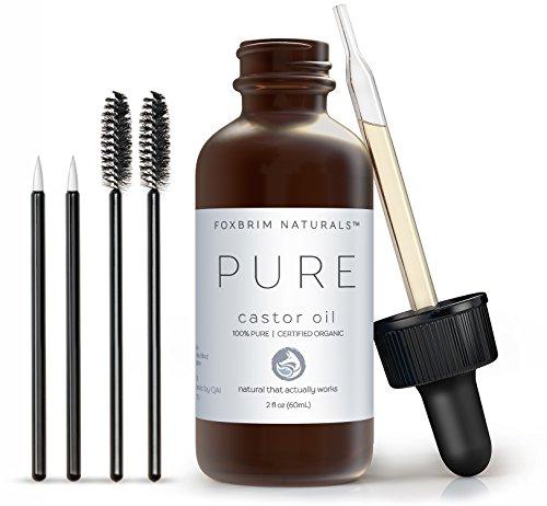 Organic Castor Oil - 2oz - 100% Pure - Cold Pressed - USDA Certified - Hexane Free - For Hair, Skin, Eyelashes, Eyebrows & Nails With Treatment Applicator Kit - by Foxbrim