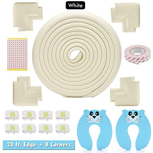 Edge & Corner Protector Set - Long 20ft Foam Sharp Furniture Safety Pads 8 Corners, Cream/White, Baby & Child Cushion Protection, Door Stopper - Electrical Socket Cover Include