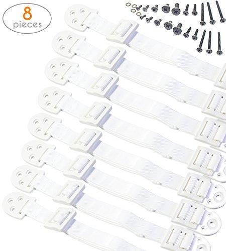 Adjustable Anti-Tip Furniture Anchor Set. 8 PC Baby Safety Wall Straps by Boxiki Kids. Earthquake Restraint Straps and TV Wall mounts. (White)