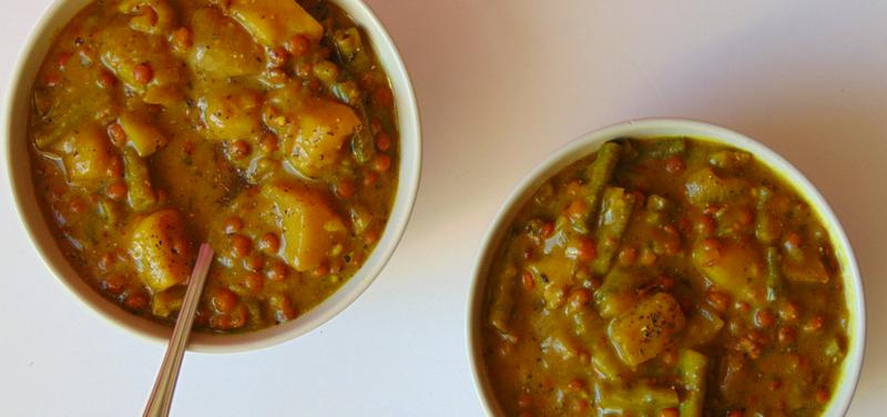 curry de lentejas con patata y judias verdes