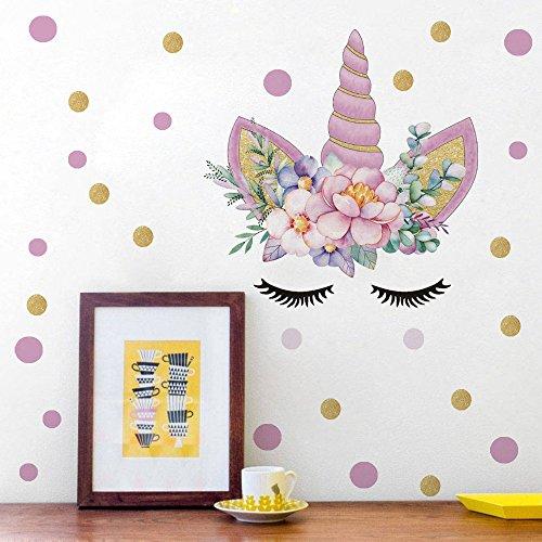 DCTOP Unicorn Angel Flower Wall Decal Polka Dot Eyebrow Wall Sticker Colorful Fairytale Wall Art Unicorn Cute Wall Decal Nursery Bedroom Decal Vinyl Wall Decal Home Decor, Gold@Pink