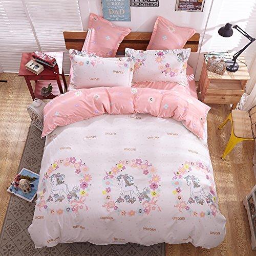 Girls Magic Unicorn Bed Set by KMZ [4pcs Twin size bedding 59"x79"- Flat sheet,duvet cover,2 pillow cases.No Comforter] pink princess worthy theme, Quality Microfiber,Soft,No chemicals,100% kids safe