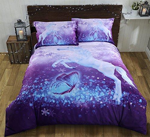 Alicemall 3D Unicorn Bedding Elegant White Unicorn Butterfly Flying Snowflake Print Duvet Cover Set, Soft and Breathable 4 Pieces Purple Bedding Set, Twin Size Kids Bed Set (Twin, Purple Unicorn)