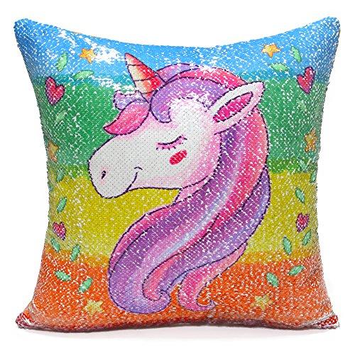 ICOSY Unicorn Mermaid Pillow Case Magic Reversible Sequin Pillow Cover Unicorn Pillows Reversible Sequins Decorative Cushion Covers 16"x16"(Rainbow Unicorn/Silver)