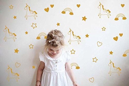 Unicorn Rainbow Star Heart Wall Decal,Removable Vinyl Wall Stickers for Baby Kids Boys Girls Bedroom Nursery Decor(A13) (Dumb Gold)
