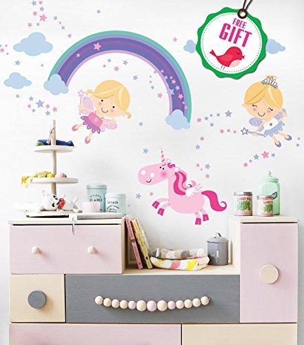 Princess Unicorn Vinyl Wall Decals for Girls - Fairy Nursery stickers for bedroom - Cute DIY Removable Room Décor for girls bedroom [>25 pink art kids decals] with FREE GIFT!
