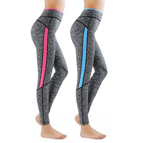 Paquete de 2 L&K-II leggins para damas pantalones deportivos largos para Training Running Yoga Fitness transpirables con cintura alta 4113 Rosa+Azul L/XL