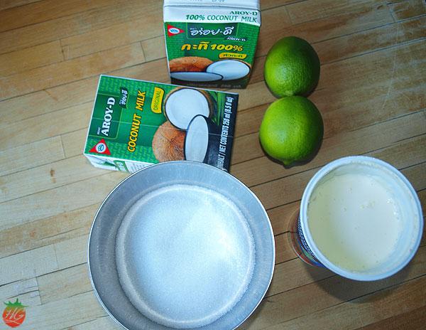 Ingredientes de helado de coco y lima