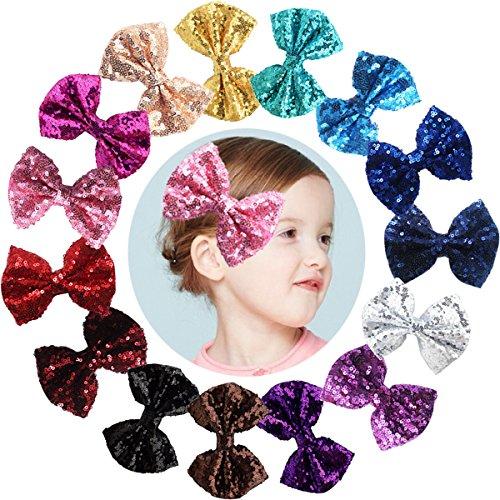 Party Hair Bows Clips for Girls-15pcs Bling Sparkly Glitter Sequins Big 4" Hair Bows Alligator Hair Clips-Nylon Mesh Ribbon Bowknot Hairpins for Baby Girls Kids Children