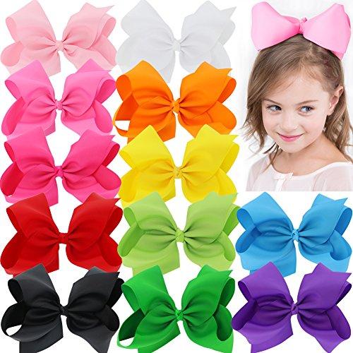 BIG 8 Inches Hair Bows For Girls Grosgrain Boutique Hair Bow Clips For Teens Kids Toddlers 12 Pcs