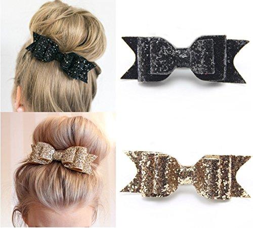 Fireboomoon 2 Pack Glitter Satin Big Bow Hair Clip Barrette Accessory For Girls and Women (Gold and Black)