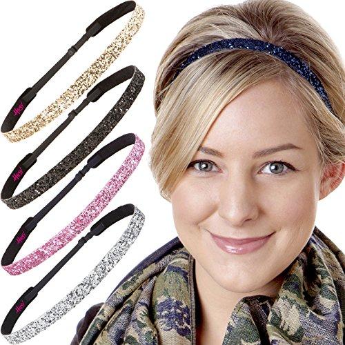 Hipsy Womens Adjustable Cute Fashion Headbands Hairband Gift Pack (5pk Skinny Navy/Silver/Light Pink/Black/Gold)