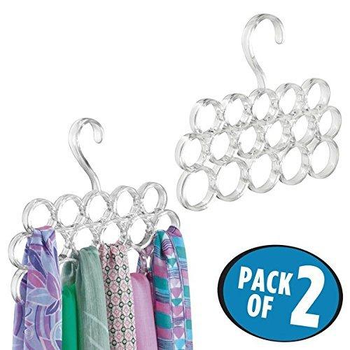 mDesign Juego de 2 perchas para pañuelos – Perchas organizadoras para chales, fulares, bufandas y corbatas – Organizador de armarios para accesorios con 16 prácticos aros – transparente