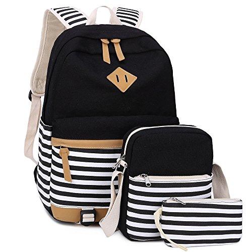 BLUBOON Bookbags Canvas Stripe School Backpack Set for Teens, Schoolbags 3 in 1 (Black stripe-3pcs)