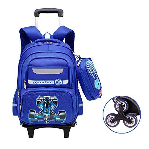 HIGOGOGO Blue Rolling Backpack, Racing Car Backpacks for Boys 2-6 Grade, Kids Wheeled Schoolbag With Pen Bag Nylon Travel Bag 6-Wheel 17 Inch Sky Blue