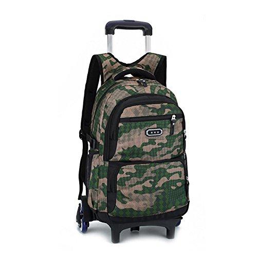 School Bag with Wheels YUB Trolley Schoolbag Wheeled Rolling Backpacks Luggage for Boys and Girls Six Wheels (ArmyGreen)