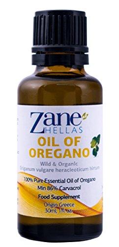 ZANE HELLAS Acéite de Orégano Esencial Griego Silvestre Puro con 86 por ciento Mínimo de Carvacrol, 100% Acéite de Orégano. 1 fl. oz. 30 ml. Carvacrol por Porción 129 mg. Super 100.