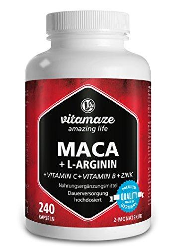 Maca en cápsulas, altamente concentrada con 4000 mg + L-arginina 1800 mg + vitaminas + zinc, 240 cápsulas para 2 meses, producto alemán de calidad, ¡ahora a un precio promocional y devolución gratuita durante 30 días! Paquete individual (1 x 206,4 g)