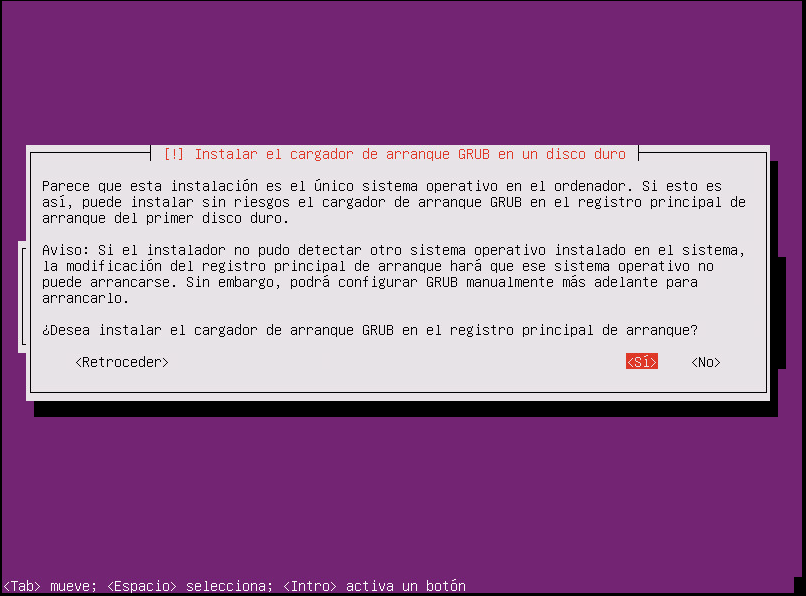 instalar ubuntu minimal 18.04 instalar el cargador de arranque GRUB en un disco duro
