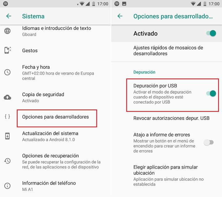 habilitar depuración por USB para poder activar la navegación por gestos en Android 