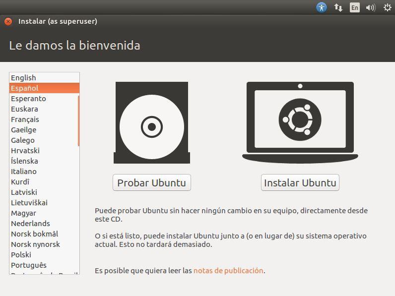 INSTALAR UBUNTU DESKTOP 16.04 LTS pantalla de bienvenida
