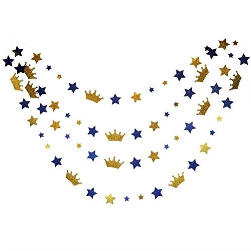 Mybbshower Royal Blue Stars and Gold Glitter Crown Paper Banner for Boy Birthday Party Decoration Pack of 20 Feet